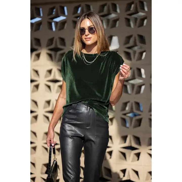 Velvet Ruched Shoulder Tee: Velvet Emerald  Amaryllis Apparel