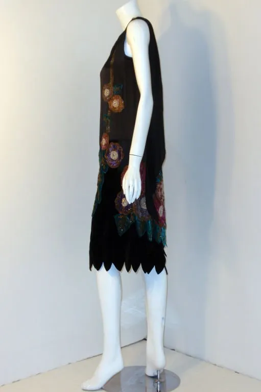 VINTAGE Circa 1920s Black Beaded & Velvet Dress