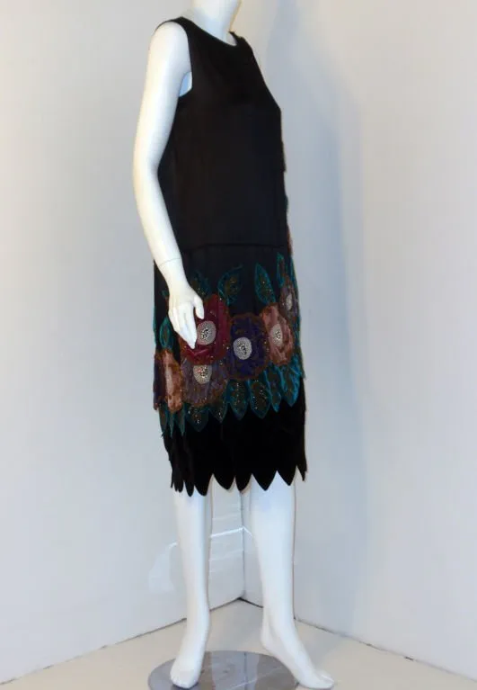 VINTAGE Circa 1920s Black Beaded & Velvet Dress