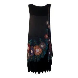 VINTAGE Circa 1920s Black Beaded & Velvet Dress
