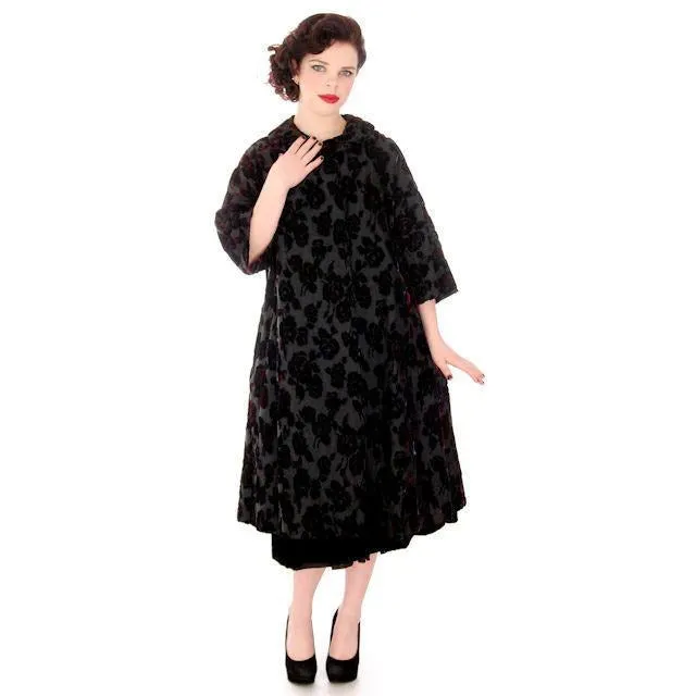 Vintage Fernande Desgranges France Burn-Out Velvet Evening Coat 1950s S-M