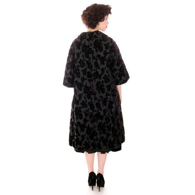 Vintage Fernande Desgranges France Burn-Out Velvet Evening Coat 1950s S-M