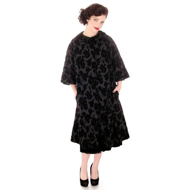 Vintage Fernande Desgranges France Burn-Out Velvet Evening Coat 1950s S-M