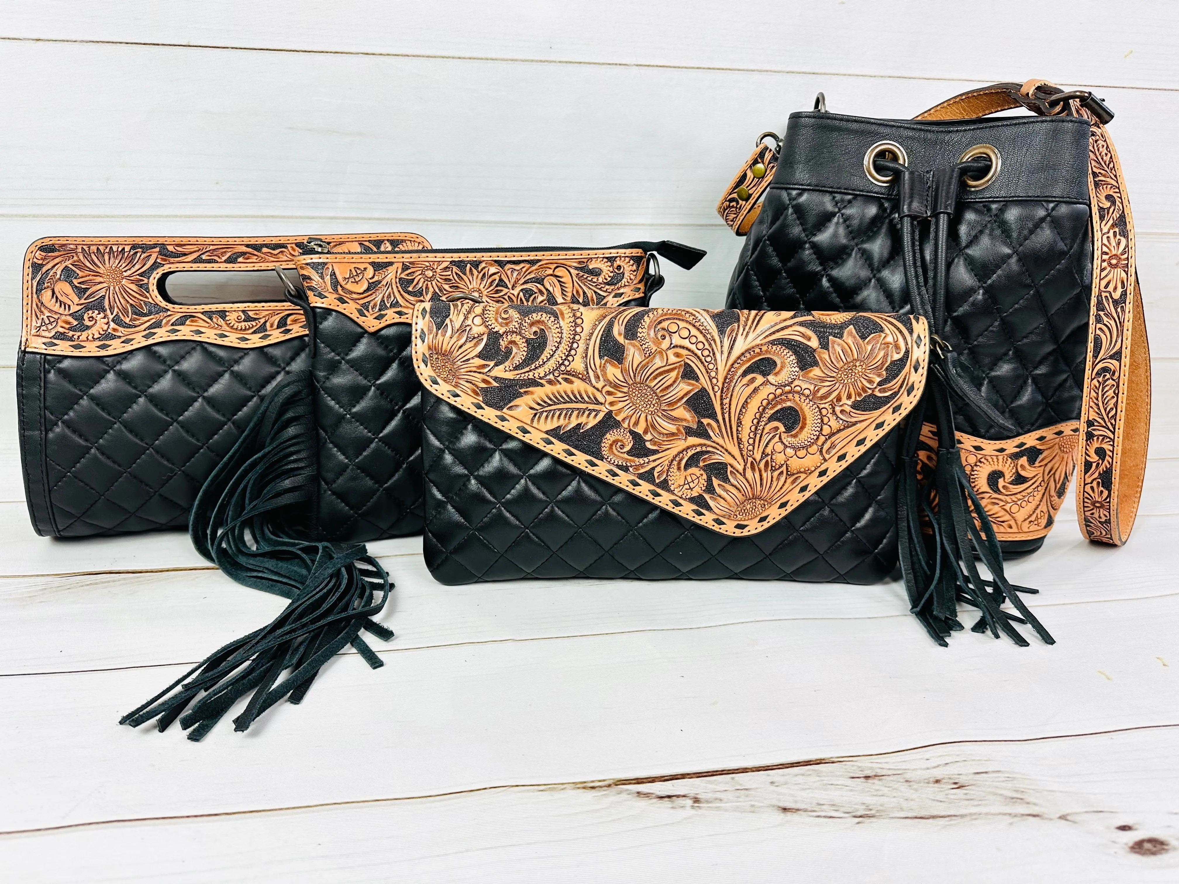 Western Black Quilted Leather Tooled Handle Bag - Clutch