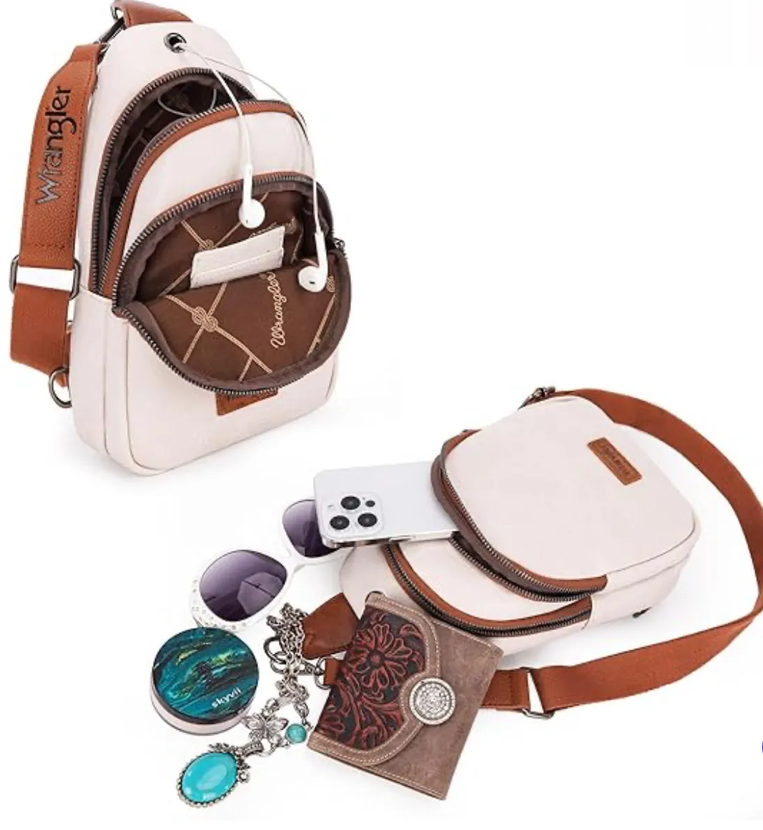 WG87-227 Wrangler Sling Bag/Crossbody/Chest Bag Dual Zippered Compartment - Beige-Brown